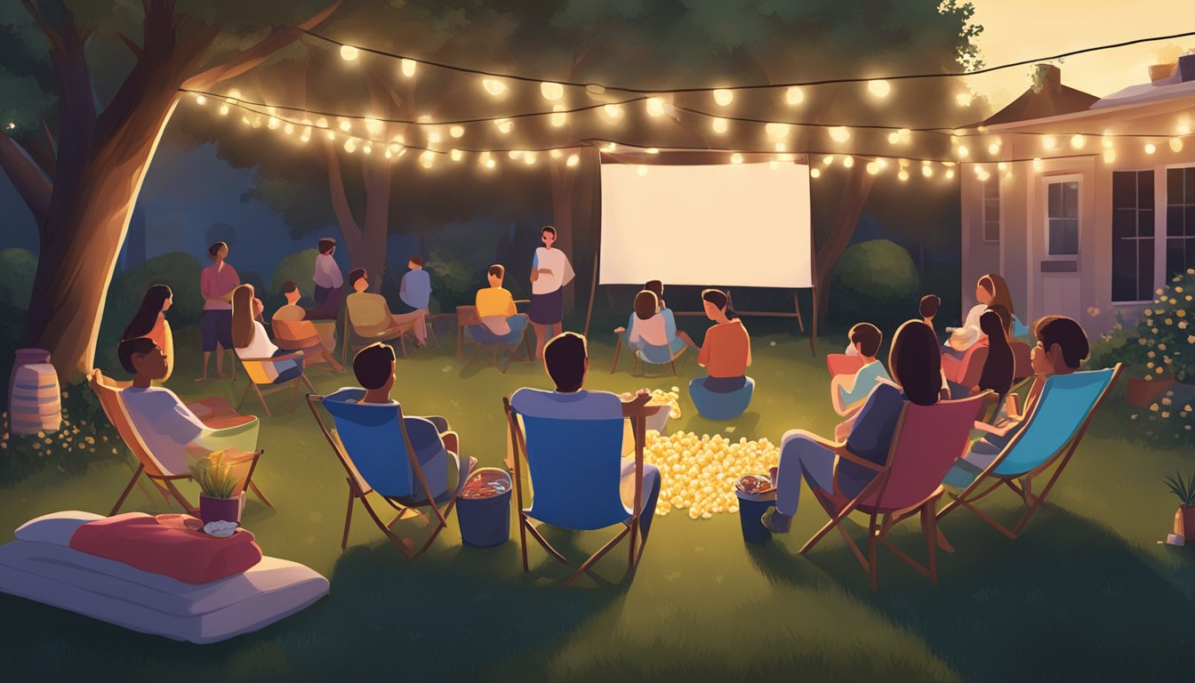 A backyard filled with blankets, chairs, and a large screen. Popcorn and snacks scattered around. The glow of string lights illuminating the excited faces of families gathered for an outdoor movie night