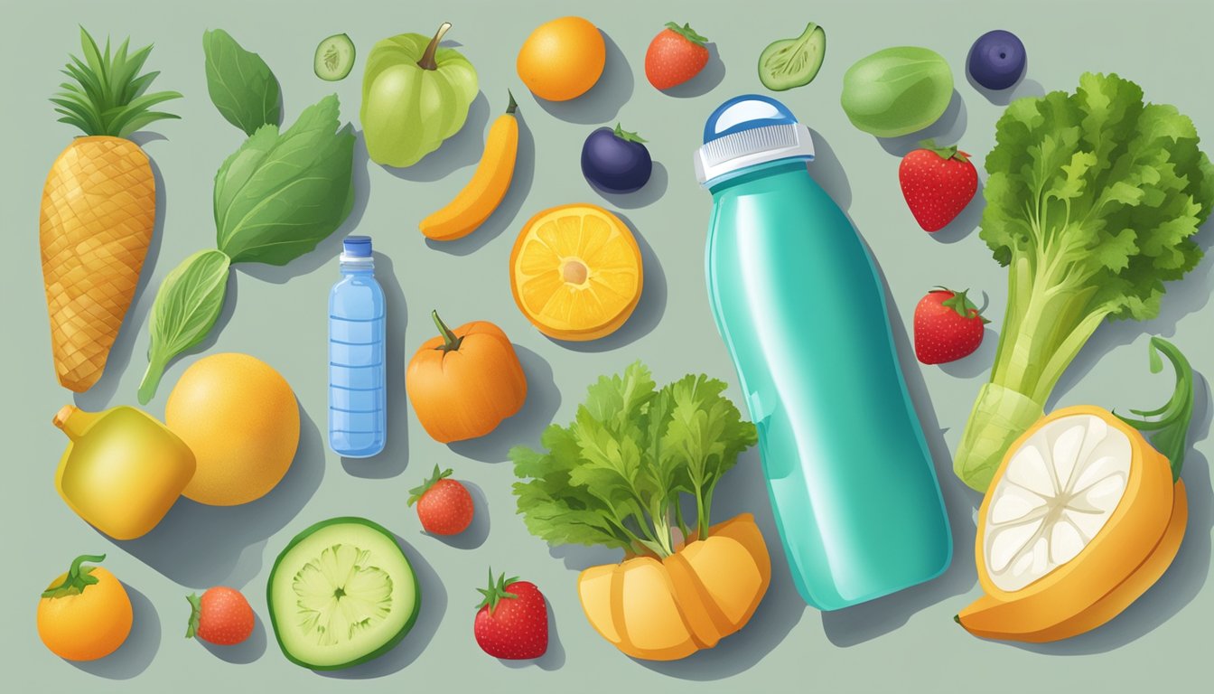 A water bottle surrounded by various fruits and vegetables, with a notebook and pen for tracking hydration and nutrition