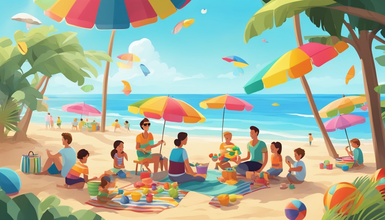 A sunny beach with a colorful picnic spread, surrounded by beach toys and umbrellas. A family is playing games and enjoying the holiday