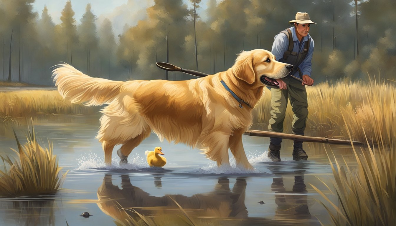 A golden retriever retrieves a duck from a marsh, while its trainer watches nearby. The dog's strong build and focused gaze reflect careful breeding and genetics