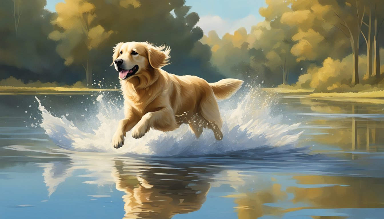 A golden retriever running through a field, retrieving a duck from the water, with trees and a clear blue sky in the background