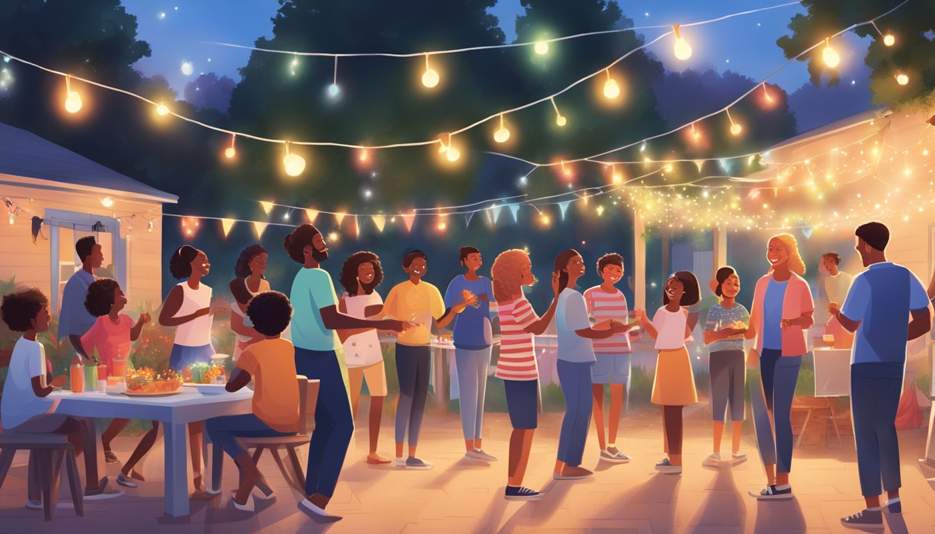 A group of people gather in a backyard, dancing to patriotic music under colorful string lights, while others set up a festive BBQ and children play with sparklers