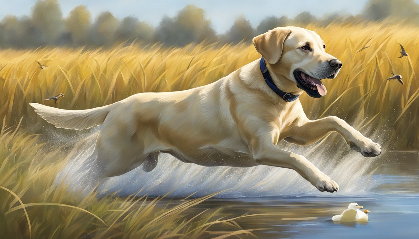 A Labrador retriever running through a field, retrieving ducks during a gun dog training session in Minnesota