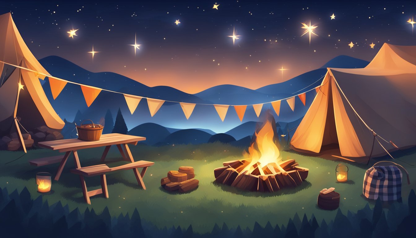 A campfire glowing under a starry sky, surrounded by tents and a picnic spread for a festive Independence Day celebration