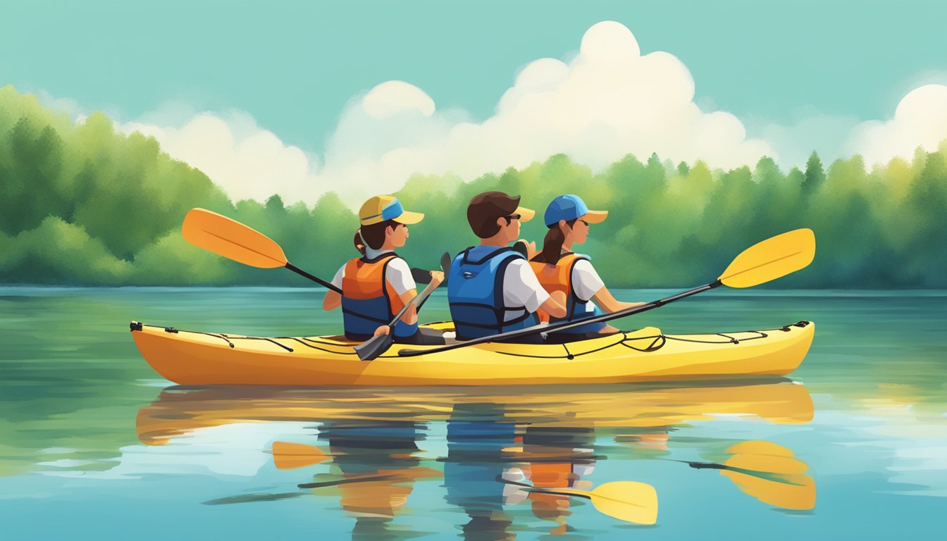 A family of four kayaking on a calm lake, surrounded by lush green trees and a clear blue sky on a sunny Independence Day weekend