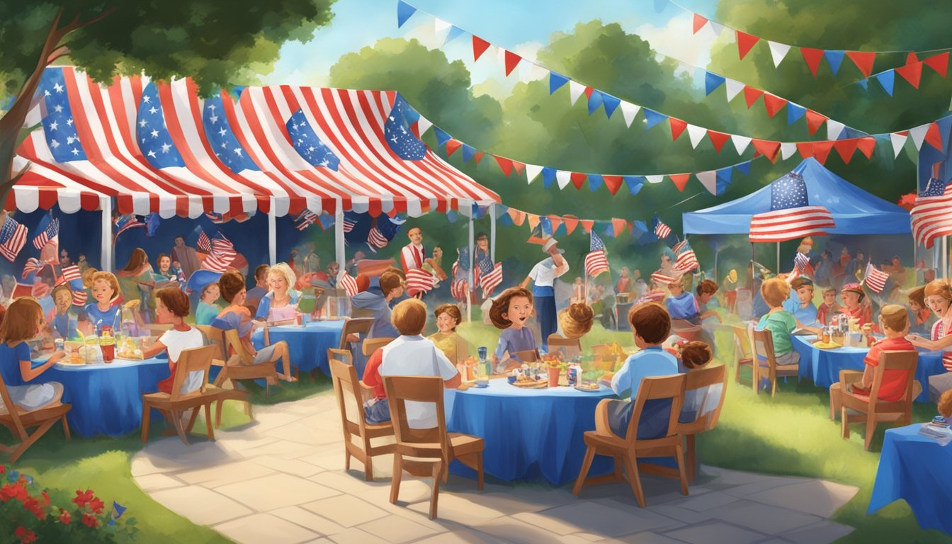 A lively backyard filled with families in patriotic costumes, with a stage for the costume contest and tables set up for a festive 4th of July celebration