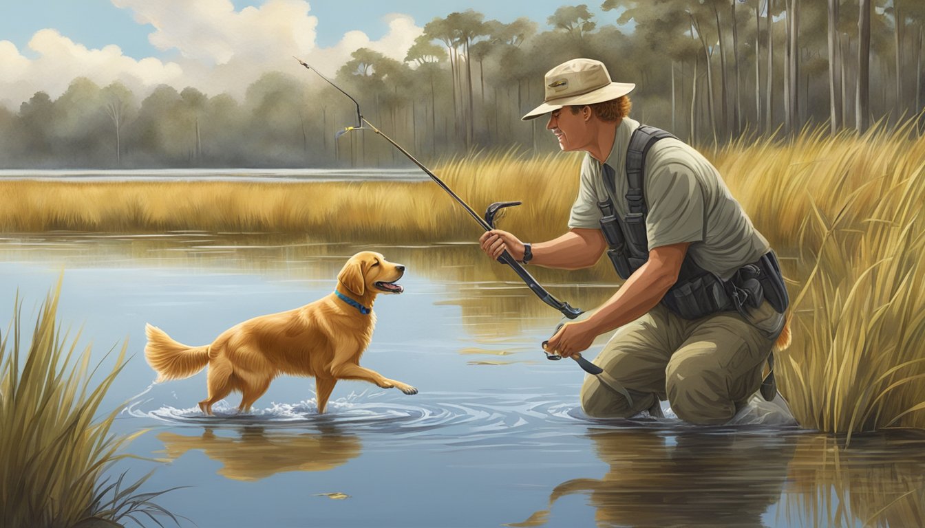 A golden retriever retrieves a duck from a calm Florida marsh, guided by a trainer's whistle and hand signals