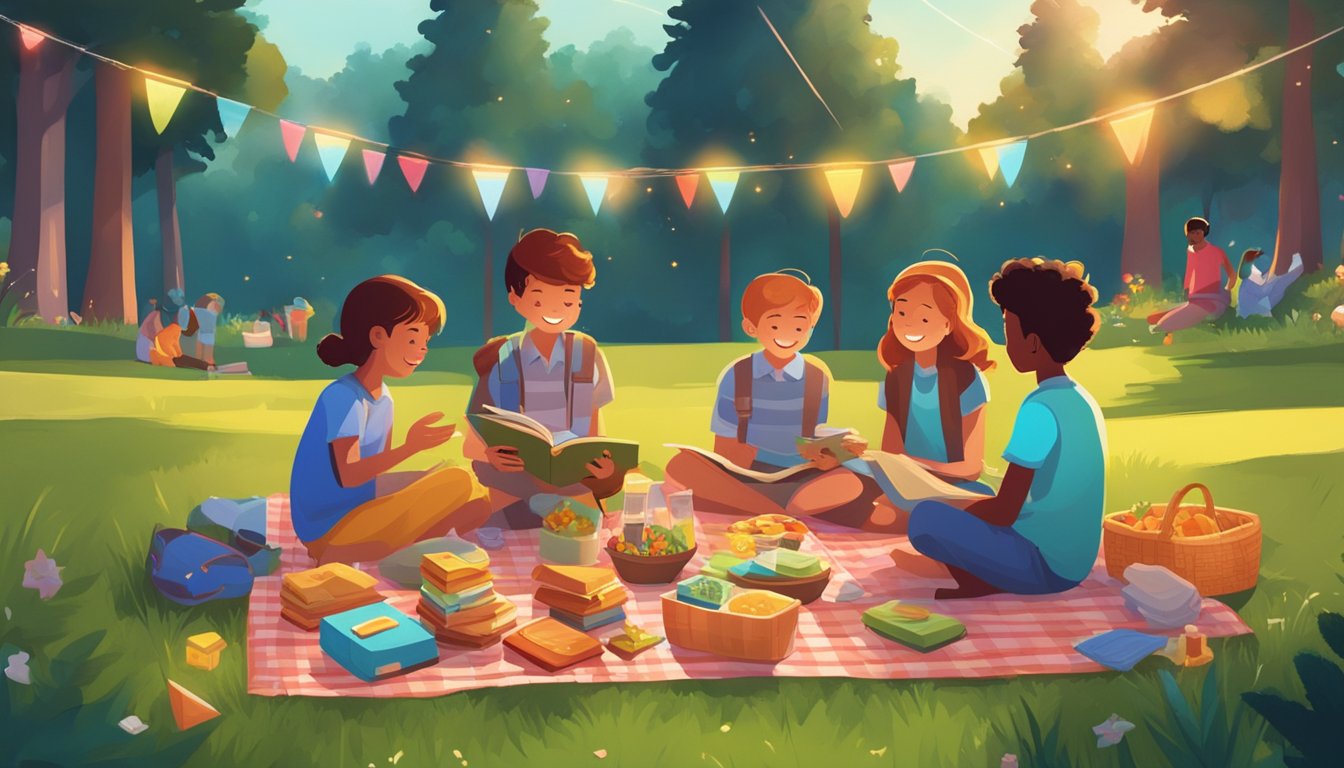 A picnic blanket spread out on lush green grass, surrounded by colorful books and a basket of snacks. Nearby, a group of children play with sparklers while adults relax and chat