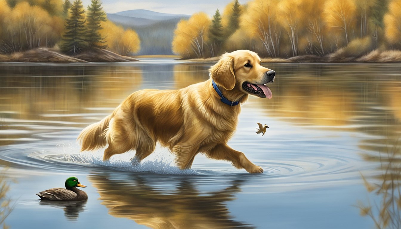 A golden retriever eagerly retrieves a duck from a tranquil Montana lake during gun dog training