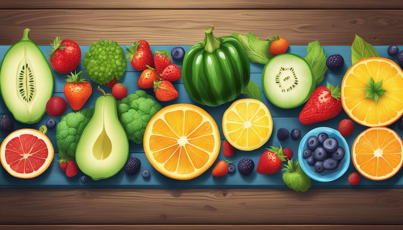 A vibrant assortment of hydrating fruits and vegetables arranged on a wooden table, with droplets of water glistening on their fresh, colorful surfaces