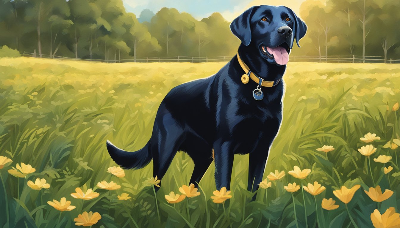 A Labrador retriever standing in a lush Florida field, with a trainer holding a whistle and a bag of treats