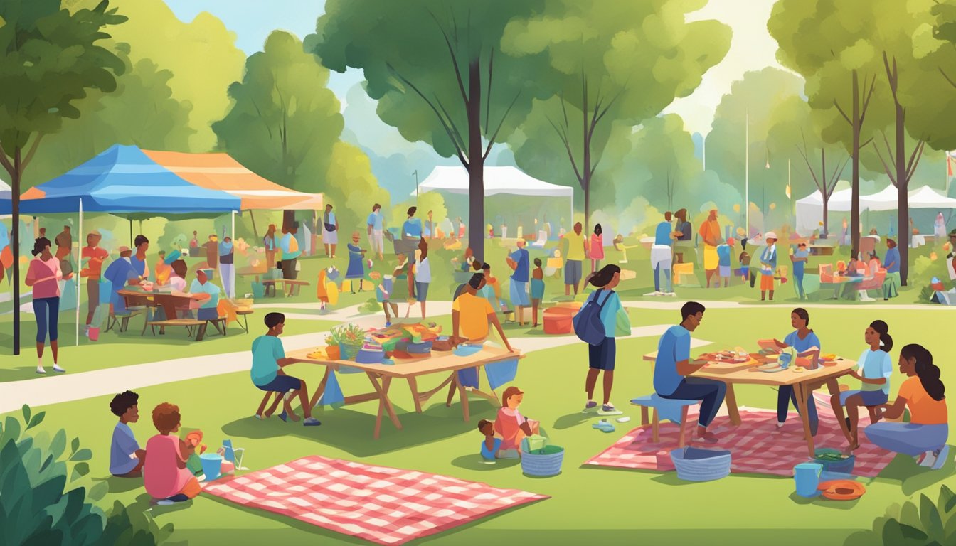 Families gather in a park, setting up picnic blankets and grills. Children play games while adults organize a volunteer project nearby. Flags and bunting decorate the area