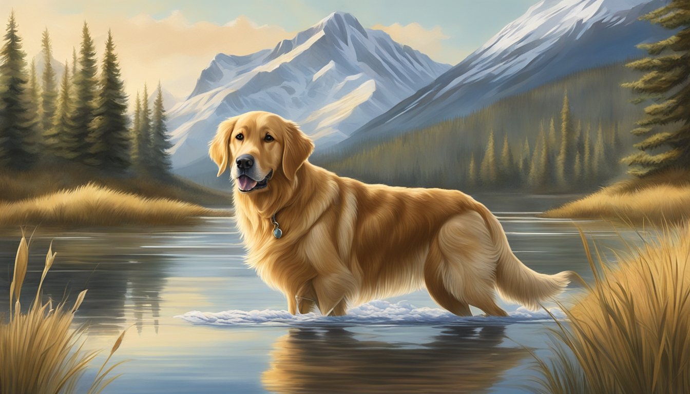 A golden retriever retrieves a duck from a serene Montana lake, surrounded by tall grass and snow-capped mountains