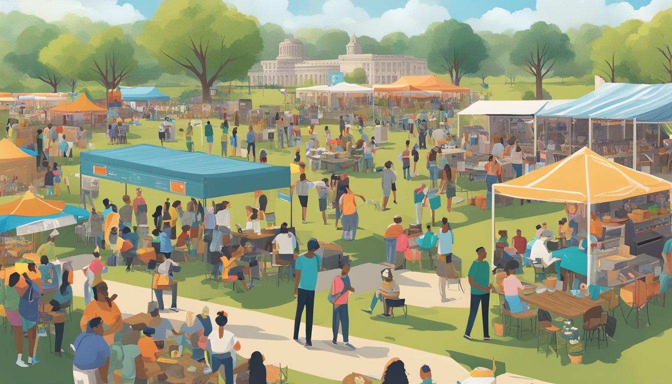 A bustling outdoor festival with live music, food trucks, and interactive art installations set against the backdrop of a Texas spring landscape