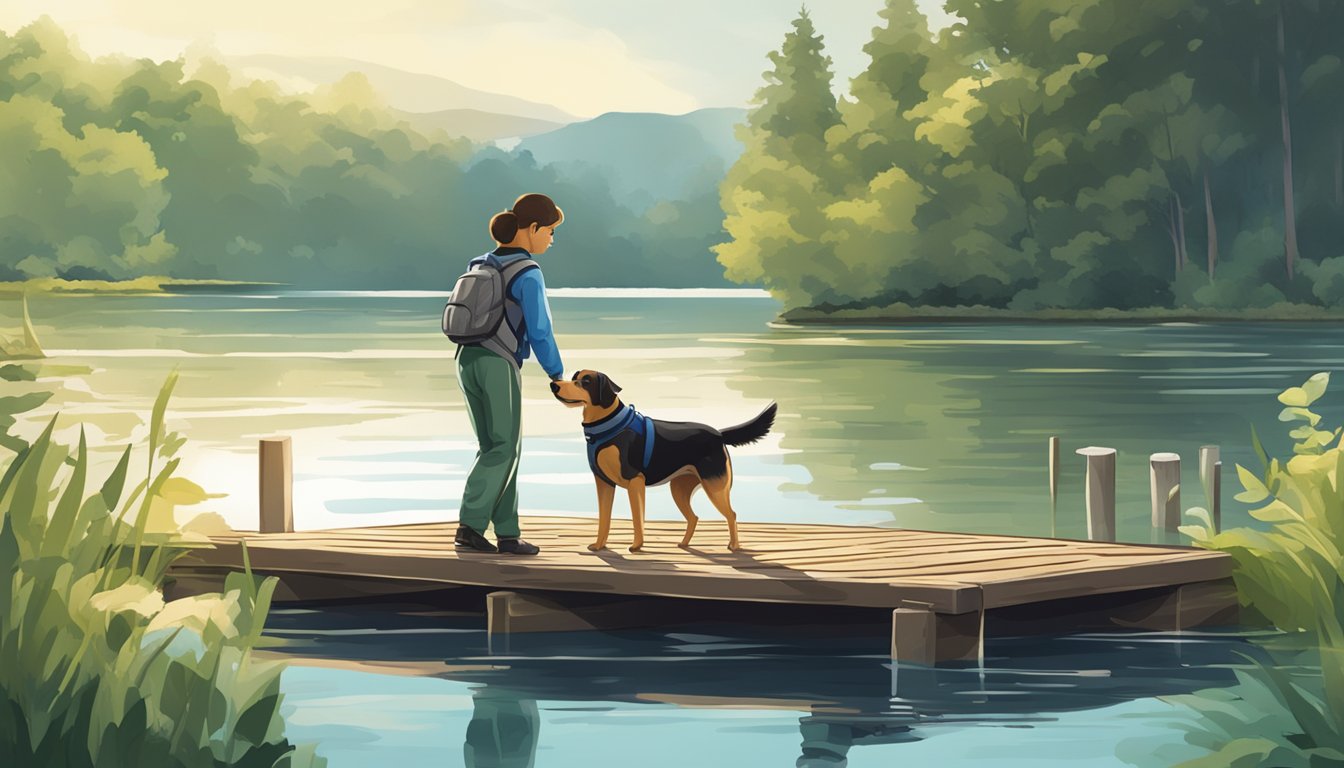 A serene lakeside setting with lush greenery, a wooden dock, and a dog eagerly retrieving a training dummy from the water