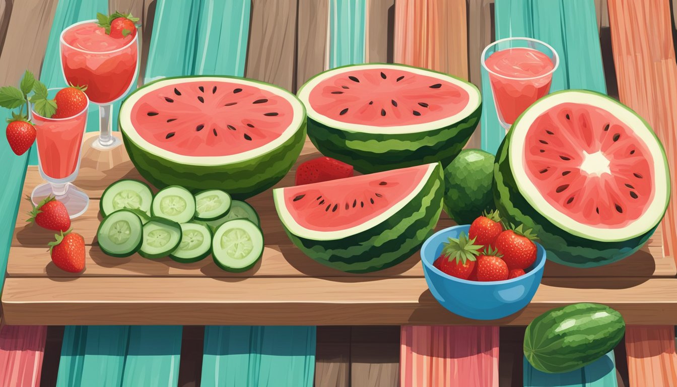 A colorful array of hydrating foods, including watermelon, cucumber, and strawberries, arranged on a vibrant summer picnic table