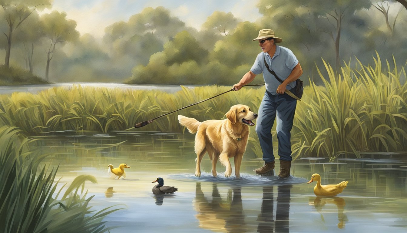 A golden retriever eagerly retrieves a duck from a pond, while a trainer watches from the shore in a lush Florida wetland