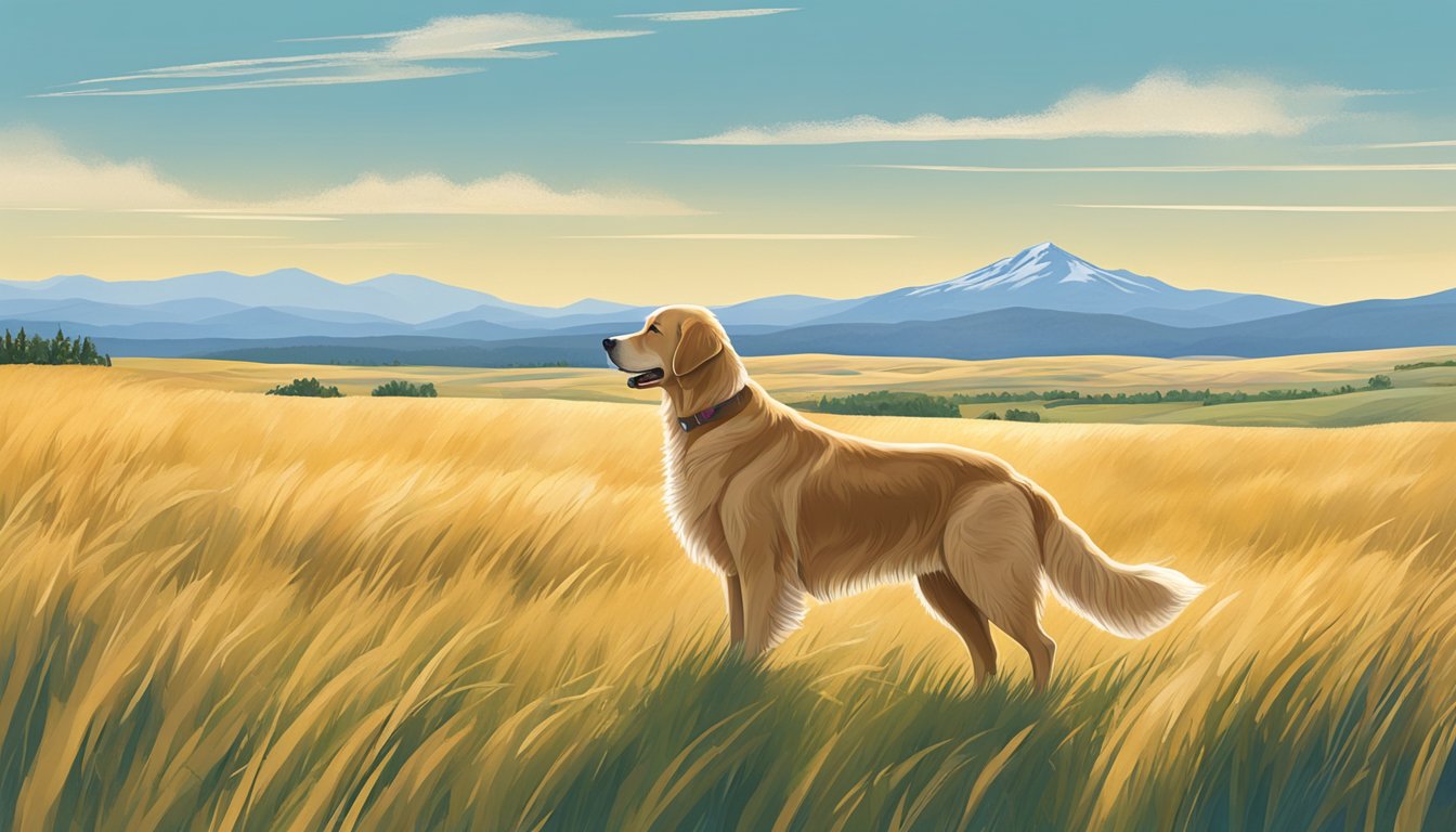 A golden retriever stands in a vast Montana field, surrounded by rolling hills and tall grass. A clear blue sky stretches overhead, and a distant mountain range looms in the background