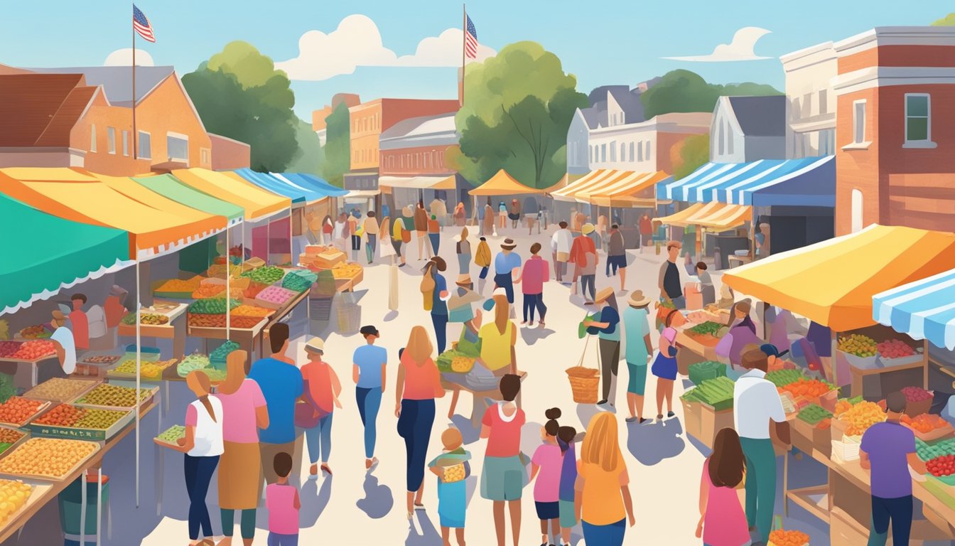 Families browsing colorful stalls at a bustling farmer's market on a sunny Independence Day weekend