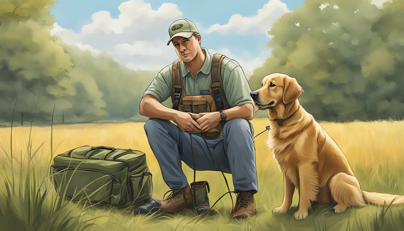 A golden retriever sits patiently as a trainer prepares hunting gear in a lush Delaware field