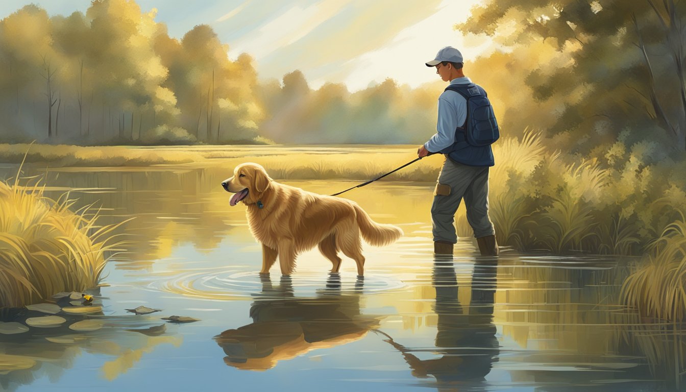 A golden retriever retrieves a duck from a marshy pond under the bright Florida sun, with a trainer guiding from the shore