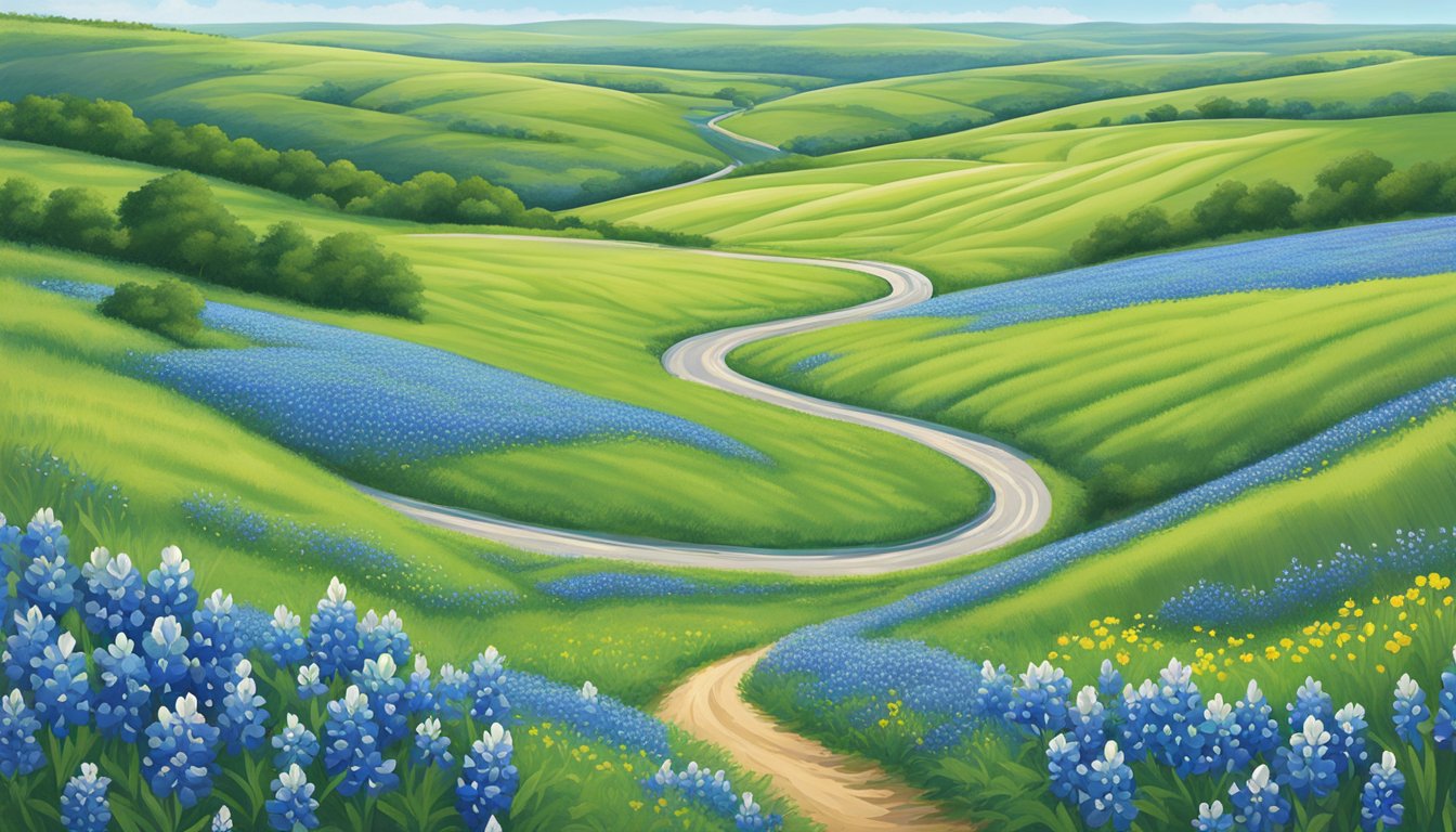 A winding road cuts through fields of vibrant bluebonnets under a clear blue sky, with rolling hills in the distance