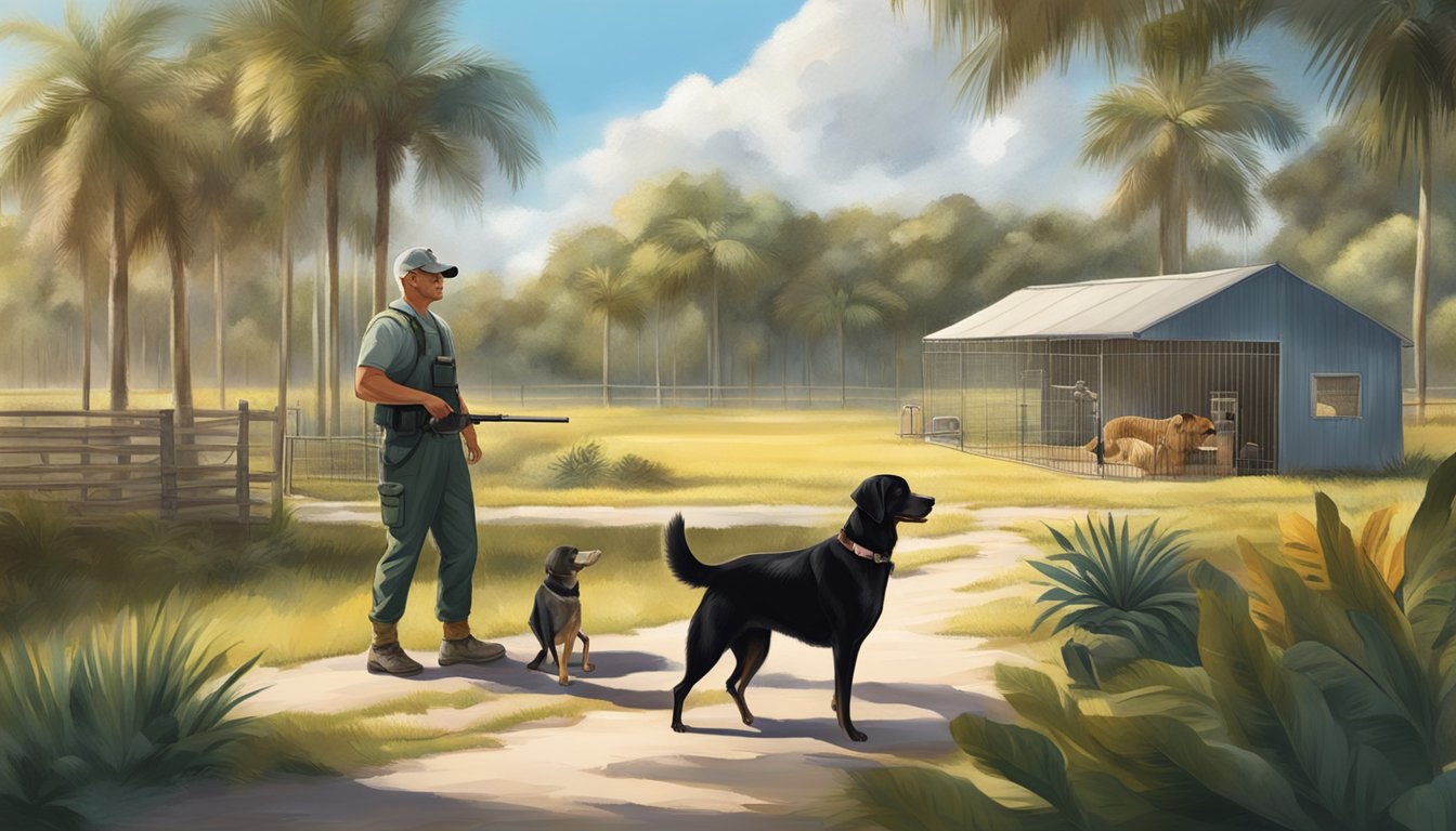 A sunny Florida landscape with a spacious kennel, dog training equipment, and a trainer working with a gun dog