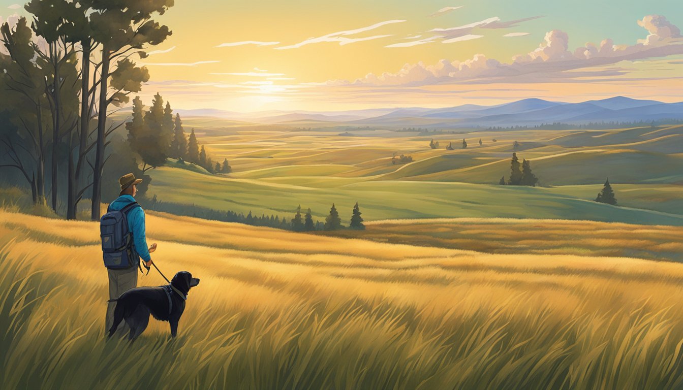 A vast Montana field with rolling hills, tall grass, and scattered trees. A dog eagerly retrieves a fallen bird, while a trainer watches from a distance