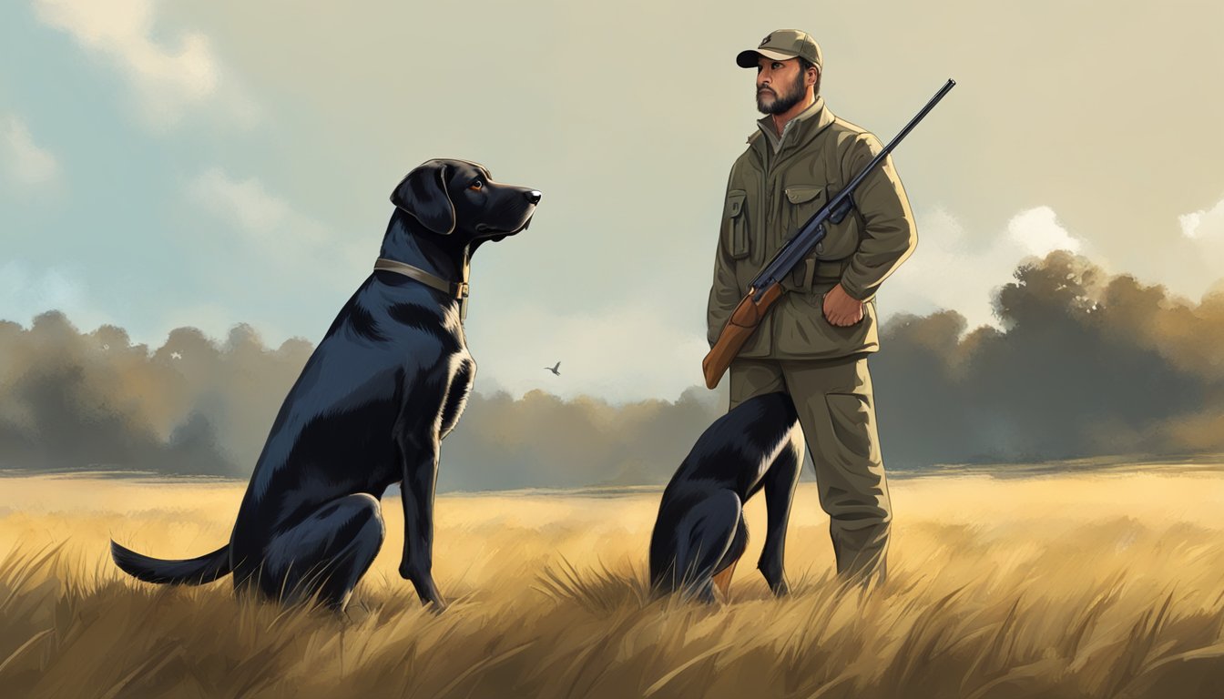 A gun dog stands alert in a field, ears perked and tail raised, ready to retrieve. The handler stands nearby, offering silent commands