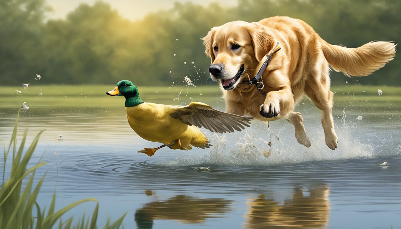 A golden retriever retrieves a duck from a pond during a gun dog training event in Florida