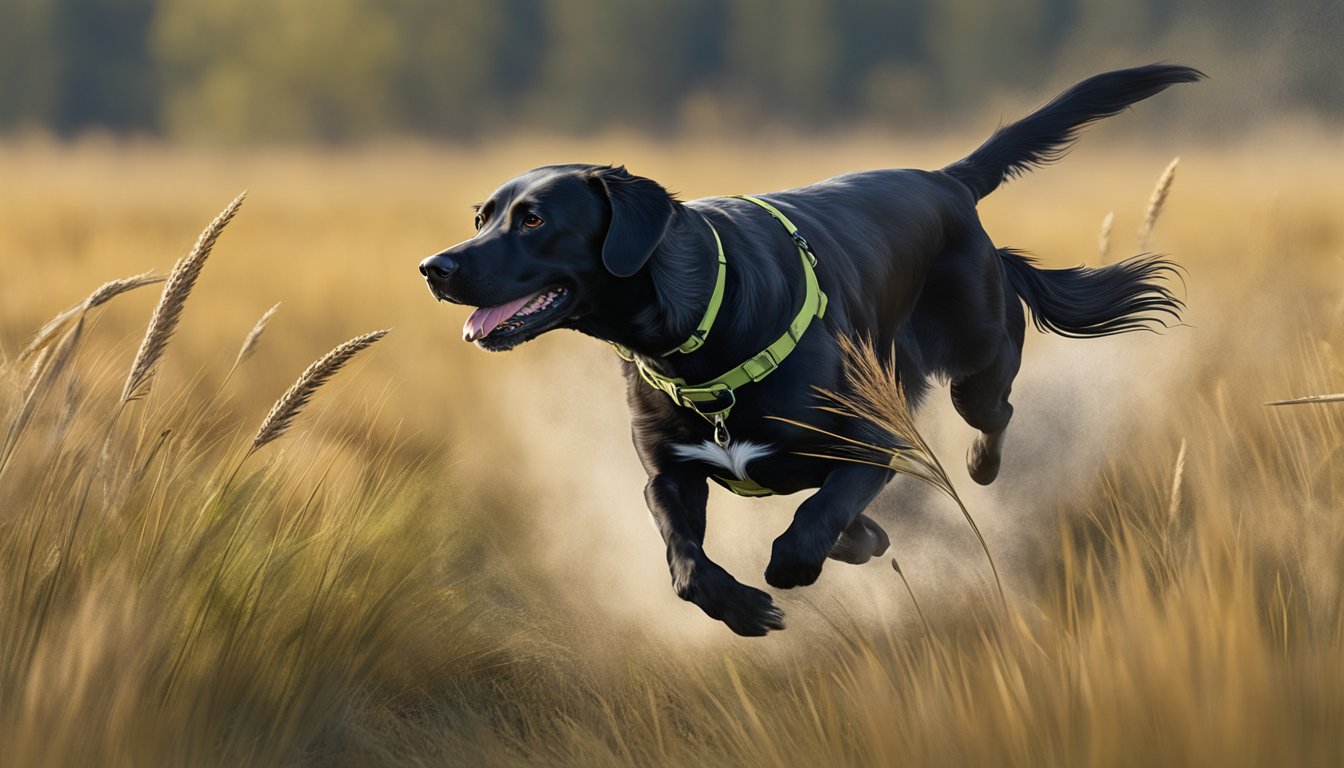 A gun dog runs through a field in Montana, retrieving targets during a training exercise