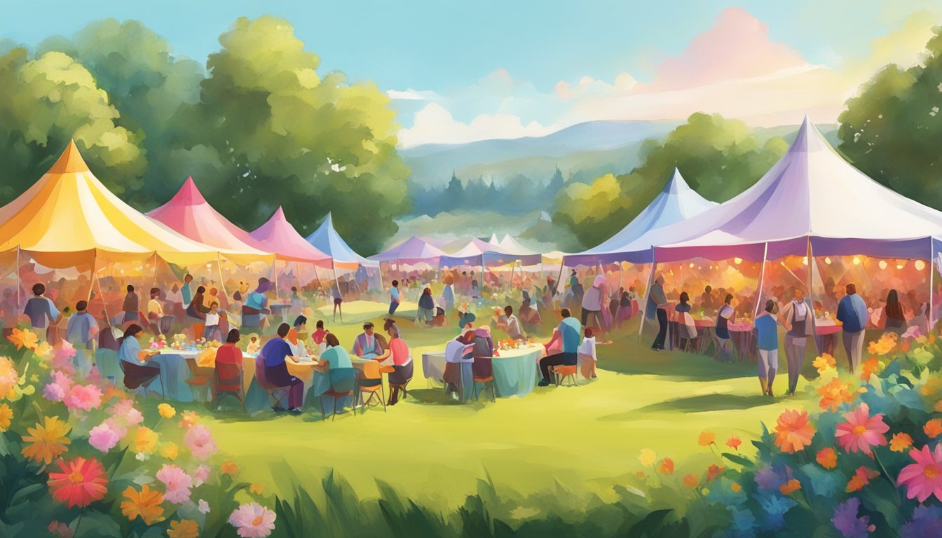 Colorful tents line a grassy field, filled with people enjoying live music, food, and games. Bright flowers bloom in the background, adding to the festive atmosphere