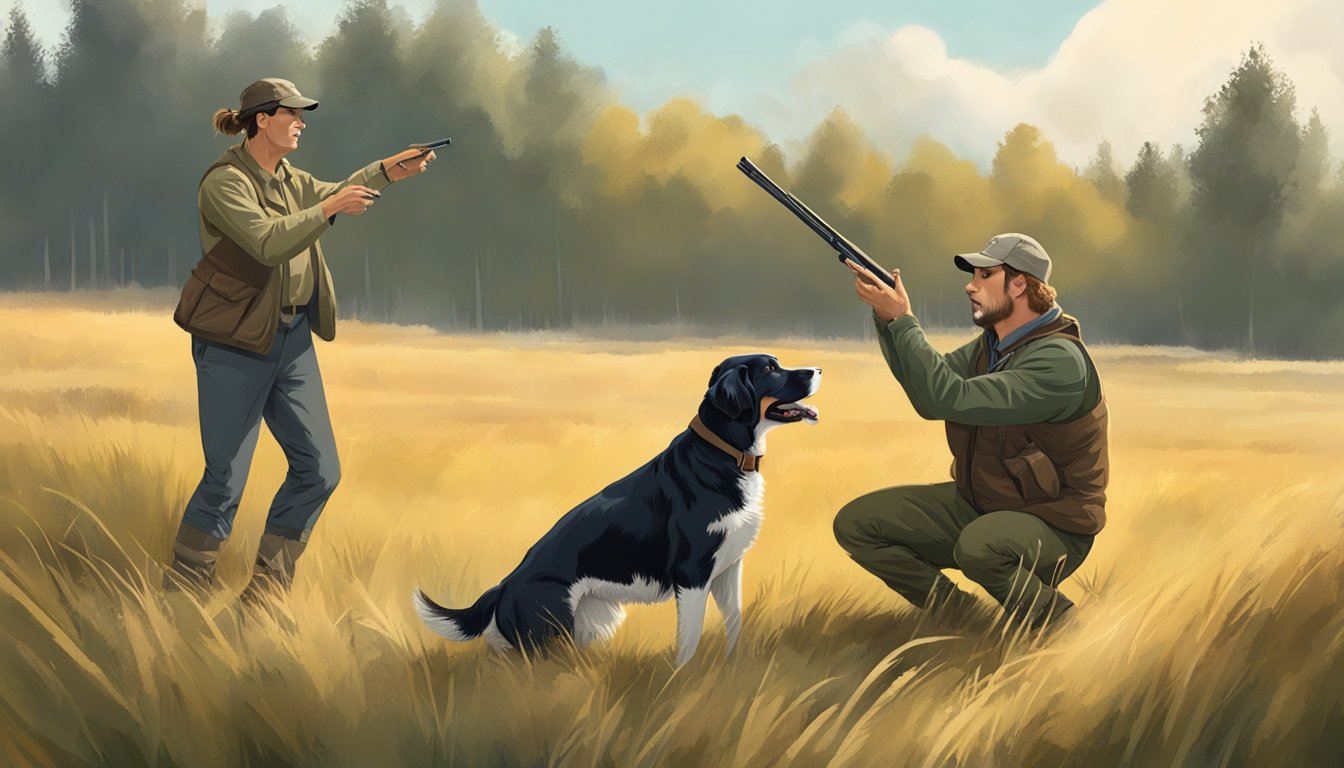 A gun dog trainer works with a retriever in a field, using hand signals and whistles to direct the dog towards hidden targets