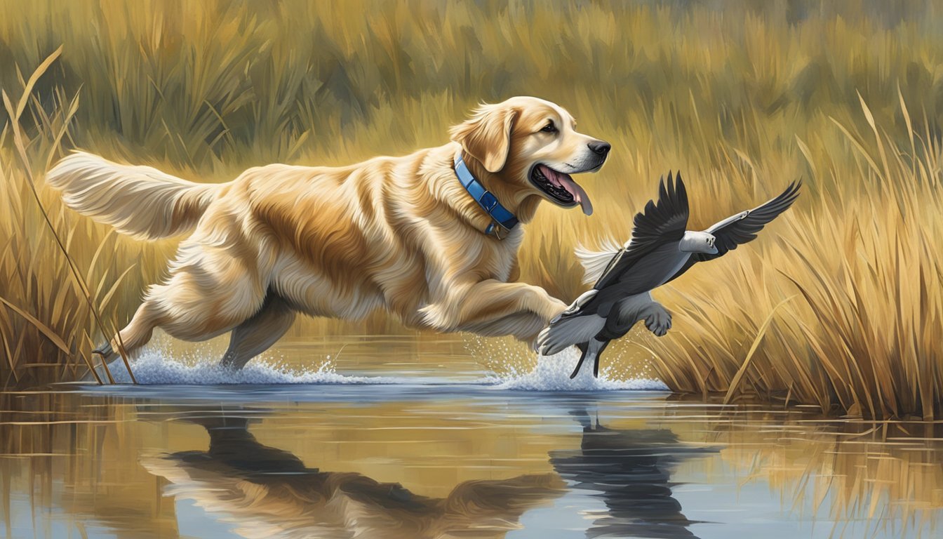 A golden retriever retrieves a duck from a serene Montana marsh during a field trial competition