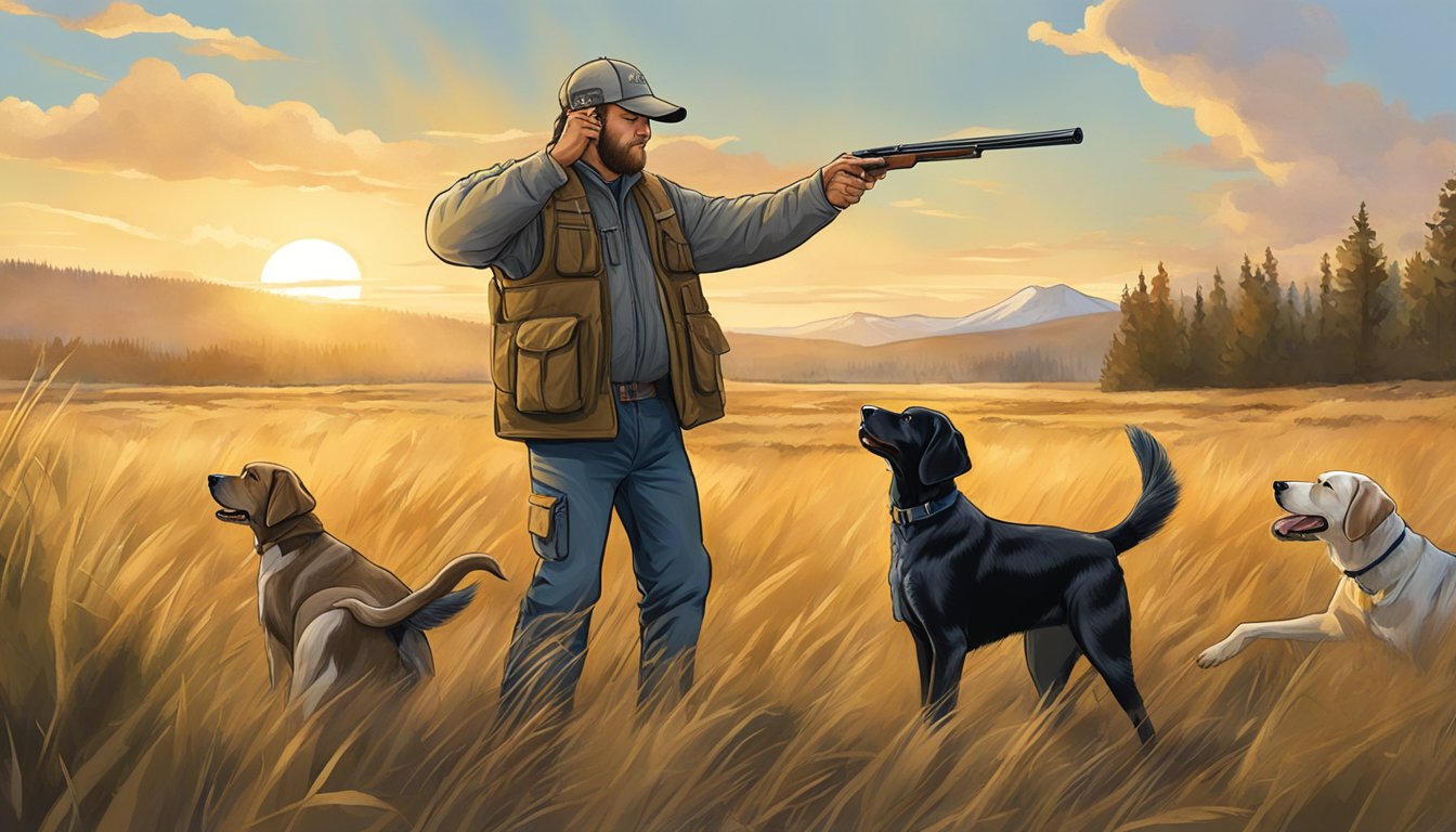 A gun dog owner in Montana trains their dog in a field, using hand signals and voice commands to direct the dog's retrieval and hunting skills