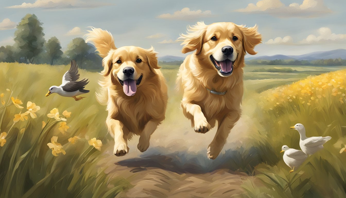 A golden retriever running through a field, carrying a duck in its mouth, while a trainer watches and gives commands