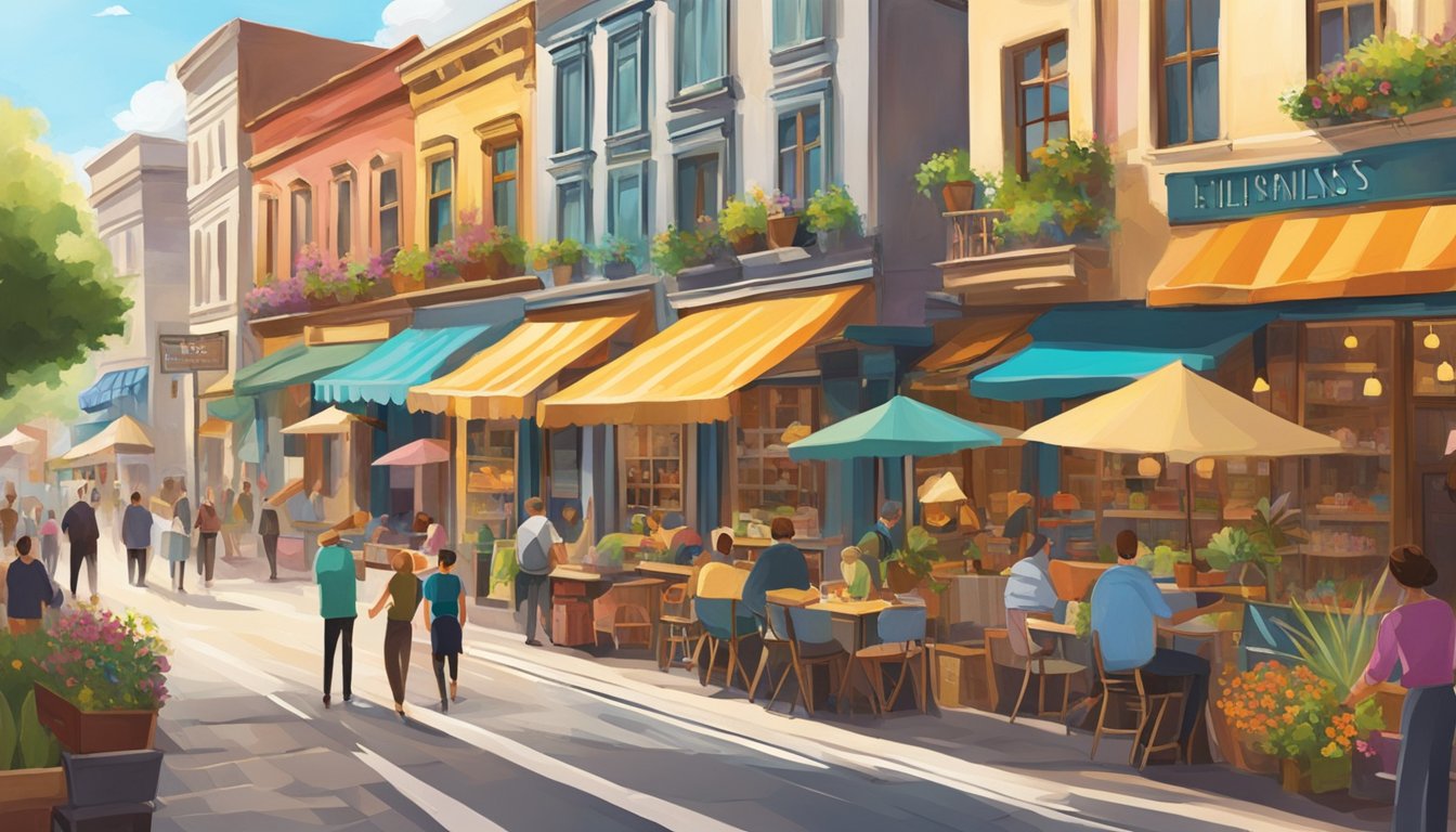 A bustling street lined with charming storefronts, with people happily shopping and interacting with local vendors. Outdoor seating at cafes and colorful signage add to the vibrant atmosphere