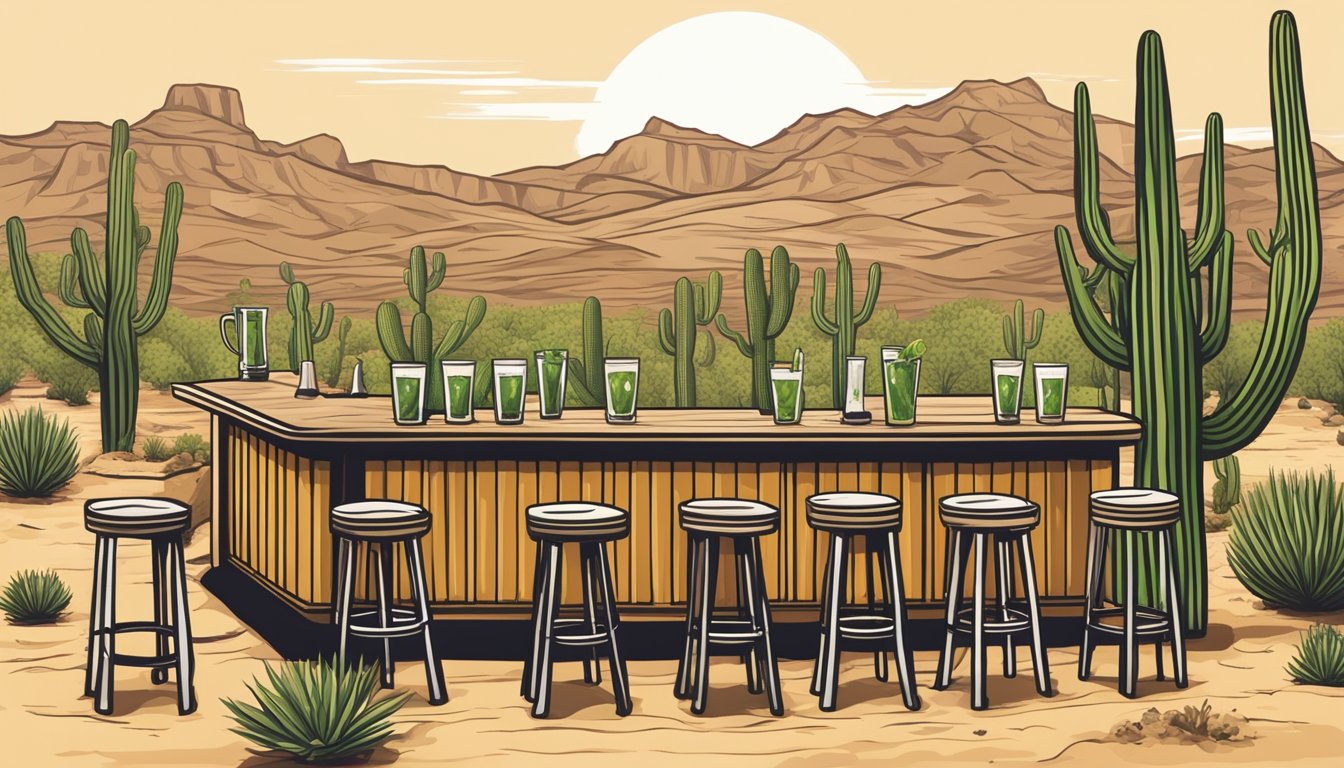 A rustic wooden bar with six glasses of Jalapeño Paloma cocktails, surrounded by cactus and desert landscape under a hot Texas sun