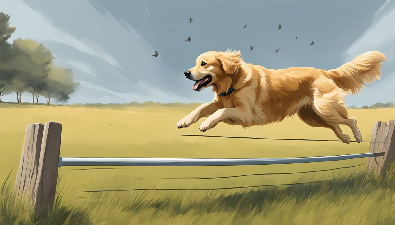 A golden retriever leaps over a hurdle in a field, as its trainer directs it through advanced gun dog training exercises in Georgia