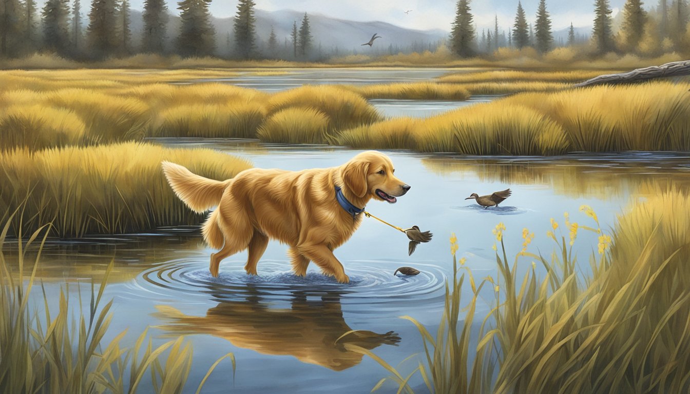 A golden retriever eagerly retrieves a duck from a serene, marshy wetland in the Idaho wilderness