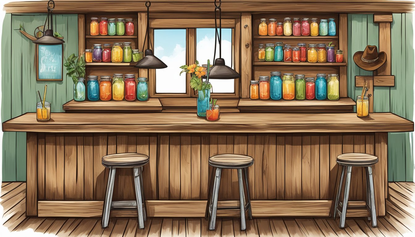 A rustic wooden bar adorned with mason jars filled with vibrant, refreshing cocktails. A cowboy hat hangs on a hook, adding a touch of Texan charm