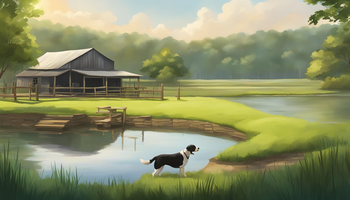 A serene countryside field in Georgia, with lush green grass, a tranquil pond, and a rustic wooden training facility for gun dogs