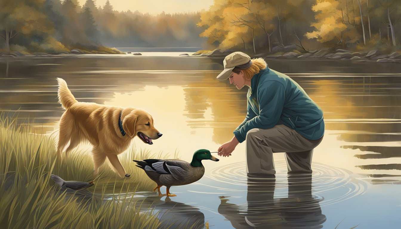 A golden retriever retrieves a fallen duck from a tranquil pond, as a trainer watches from the shore in New Hampshire