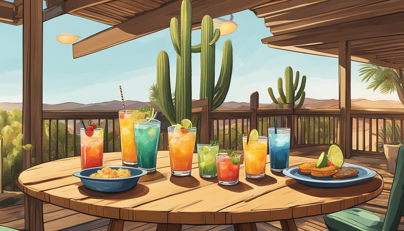 A rustic wooden table with a spread of Texan dishes and six colorful cocktails, set against a backdrop of a sun-soaked patio with cacti and a lone star flag