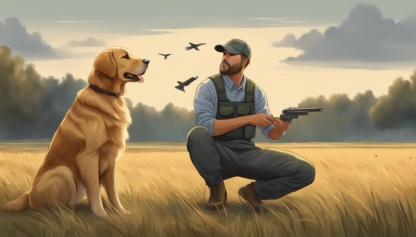 A golden retriever sits attentively in a field, a bird in its mouth, while a trainer watches closely, assessing its gun dog training progress