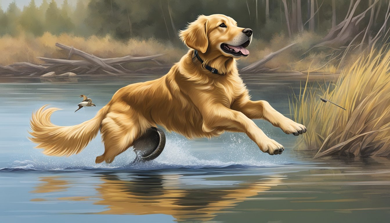 A golden retriever eagerly retrieves a fallen duck from a serene Idaho lake during specialized gun dog training