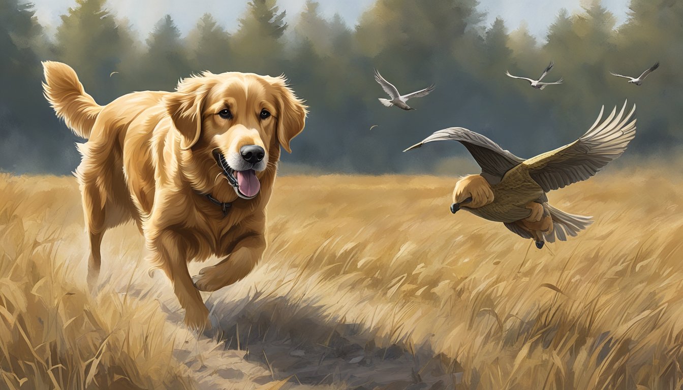 A golden retriever retrieves a fallen bird in a New Hampshire field during gun dog training