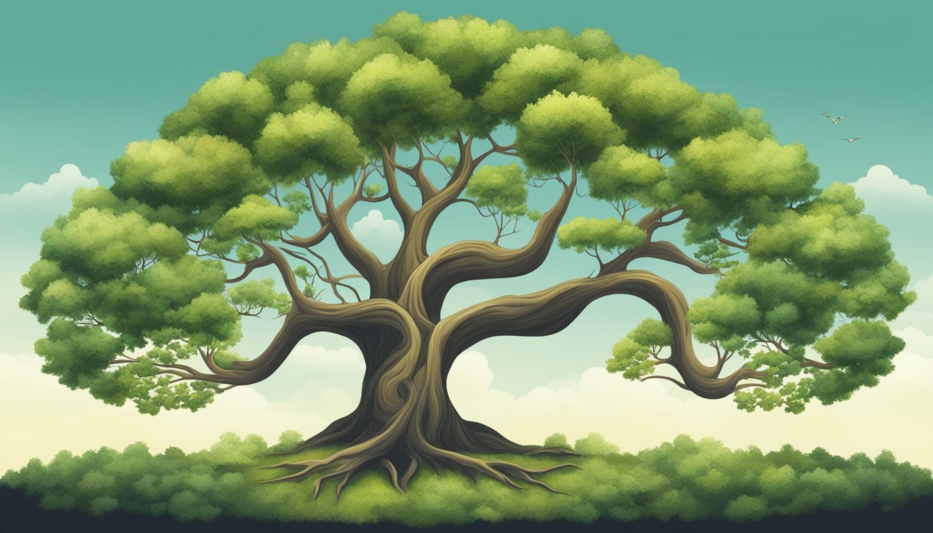 A tree with seven branches, each representing a different way to make an impact, surrounded by smaller trees and plants to symbolize growth and influence