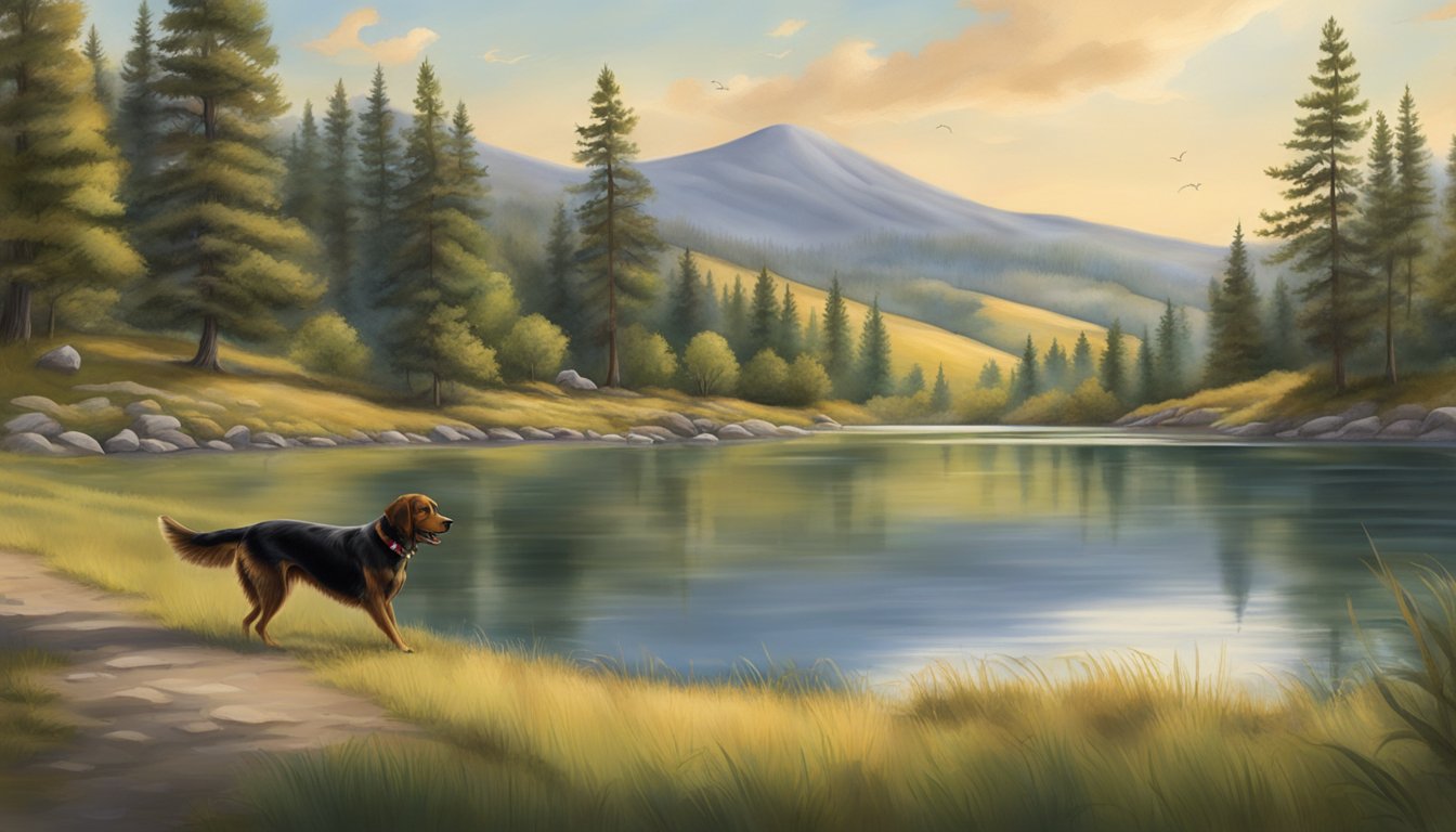 A serene lakeside setting with rolling hills and lush forests, where a trainer works with gun dogs in Idaho