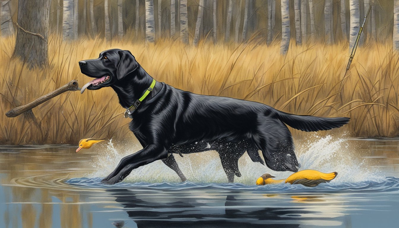 A Labrador retriever retrieves a duck from a pond during a gun dog training session in the New Hampshire wilderness